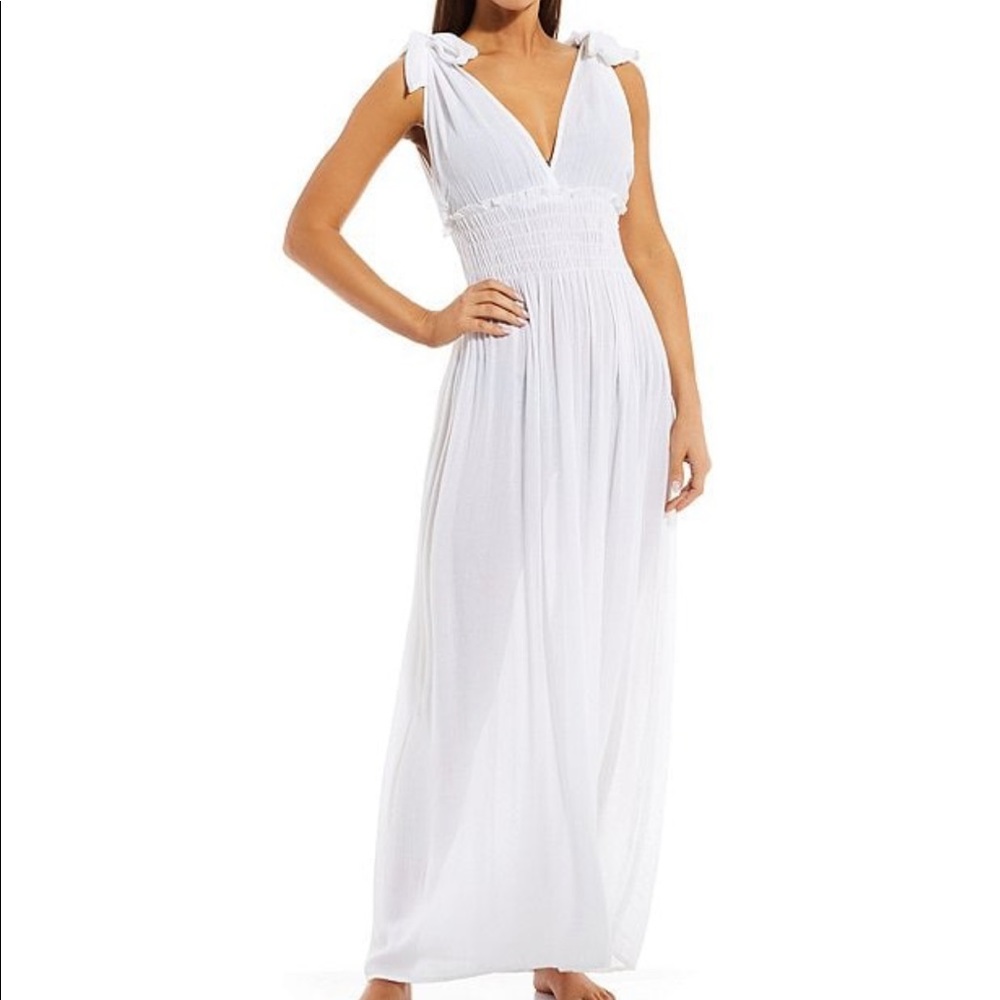 NWT Tie Shoulder Ruched Waist V-Neck Sleeveless Maxi Dress Swim Cover Up